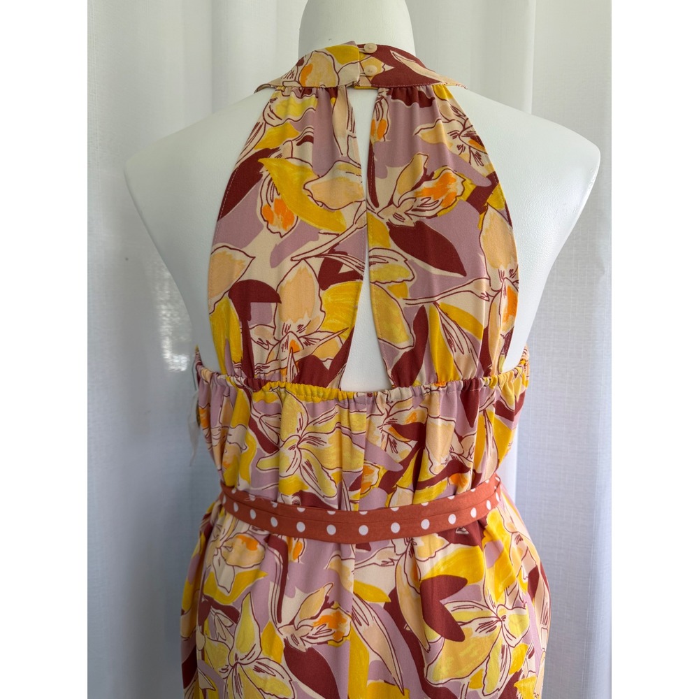 Nine West Womens Floral Halter Jumpsuit Size L Yellow Pink Wide Leg - Picture 4 of 10